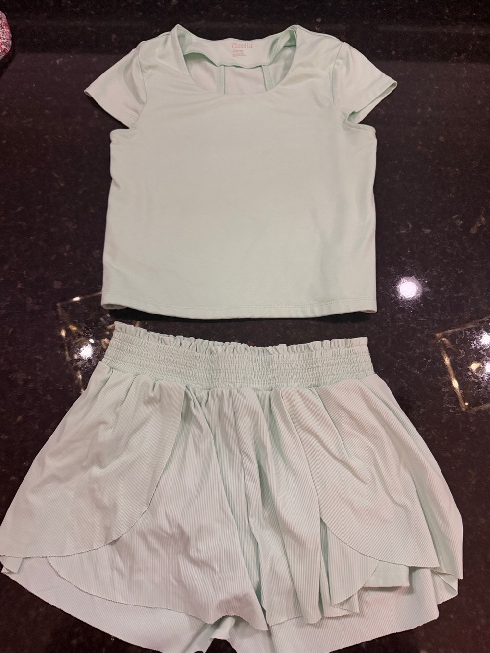 Zella Girl Mint Short Sleeve Crop Top and Layered Skort Set